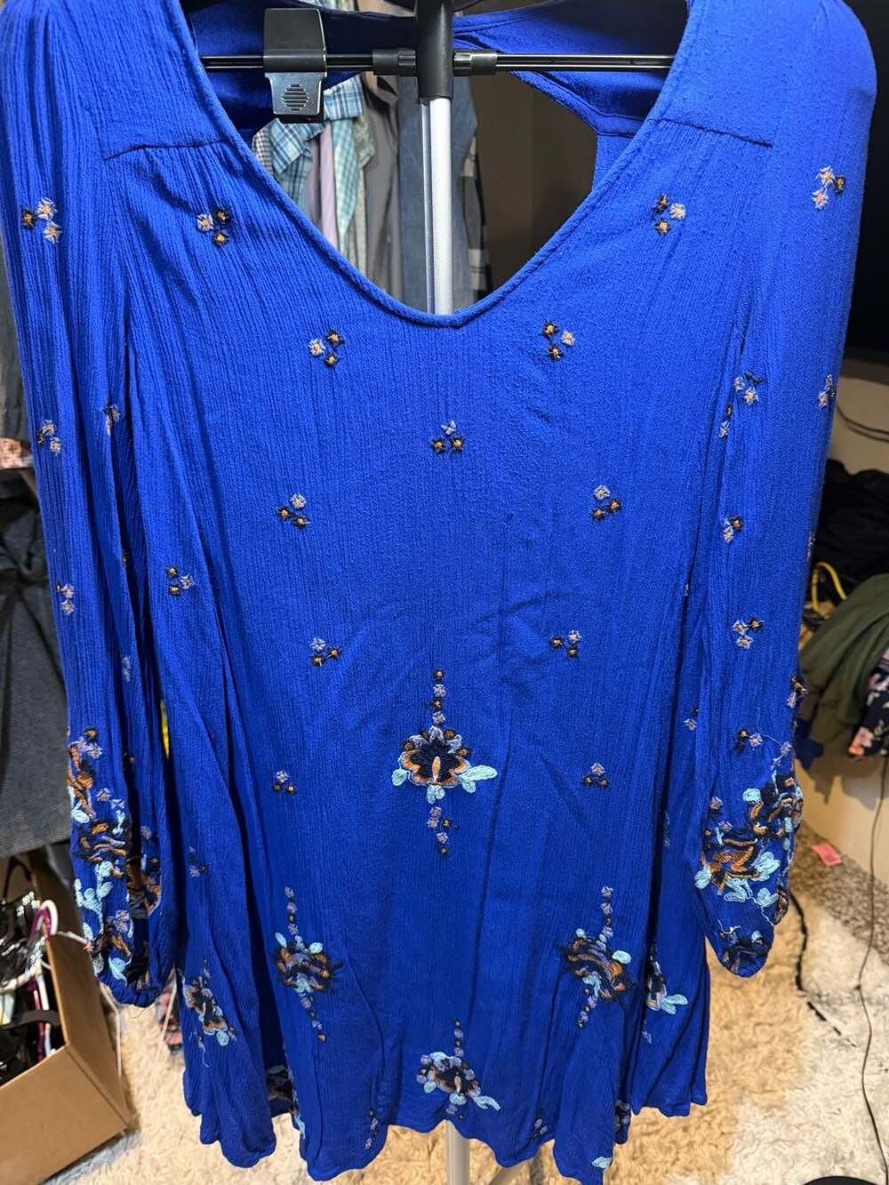 Free People Oxford Embroidered Swing Babydoll Dress Cobalt Blue Size Small